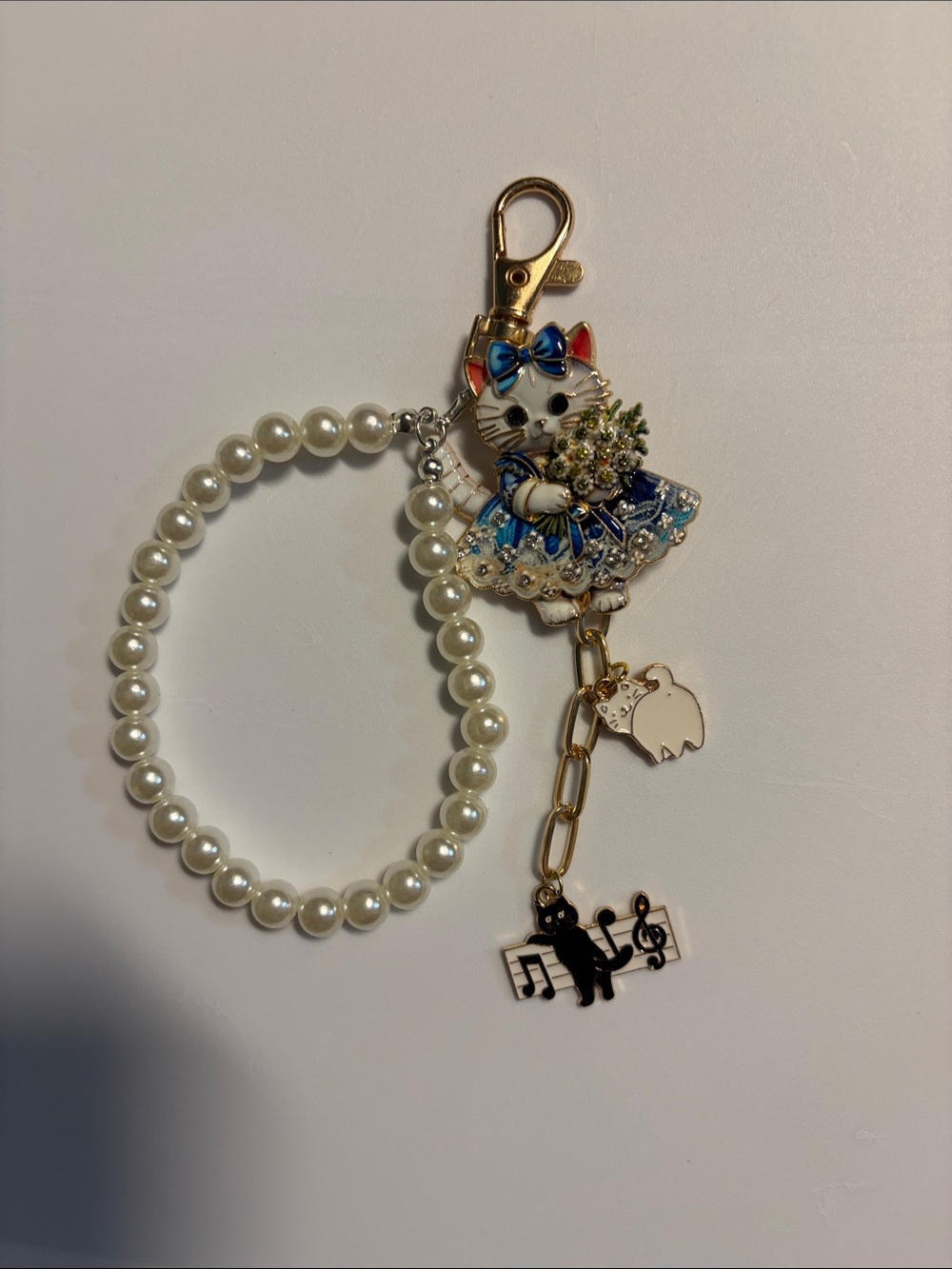 Pearl Beaded Cat Purse Charm or Keychain - Blue Dress Cat Design